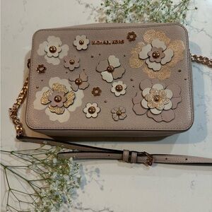 Michael Kors Floral Embellished Beige Crossbody Bag